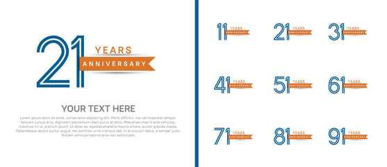 logo anniversary set. blue color with orange ribbon on white background for special event