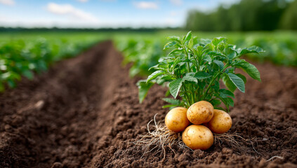 Freshly harvested potatoes in a field. Potatoes emerge from rich soil in a lush green field under clear skies during the harvest season.