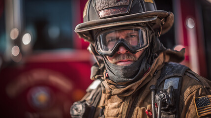 Fototapeta premium Firefighter in full gear standing by a fire truck