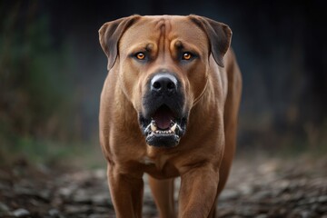 Fototapeta premium Powerful brown boerboel dog standing guard with intense gaze