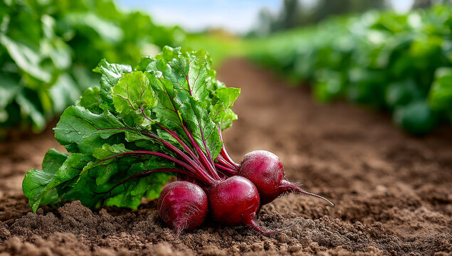 Freshly harvested beets in a farm field. Harvested beets rest on fertile soil, surrounded by lush green plants under a clear blue sky.