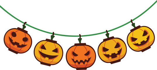 Halloween pumpkin lantern garland with carved faces for spooky autumn decoration vector illustration 