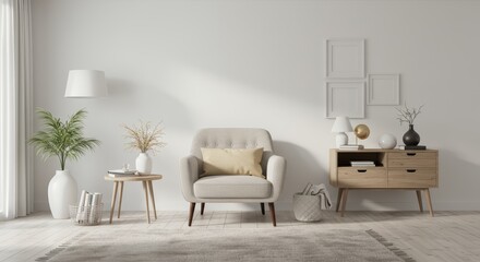 Fototapeta premium Living room interior with plant and white armchair in minimalist design 