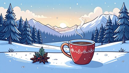 A snowy landscape with a steaming mug of hot beverage, perfect for a cozy winter morning.