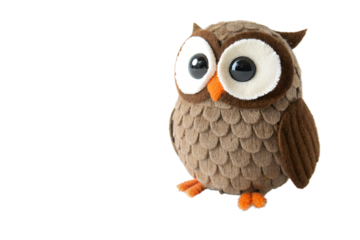 A cute brown stuffed owl toy made from felt fabric with big eyes, a handmade craft project for kids or a decorative item isolated on a white background