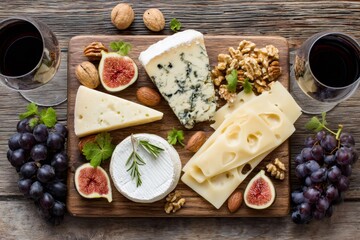 Cheese board presenting variety of cheeses, grapes, figs, nuts, and red wine