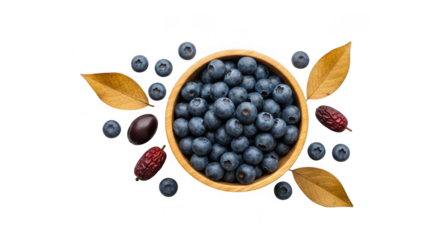 A wooden bowl overflowing with fresh blueberries is surrounded by dried leaves and berries isolated on transparent background