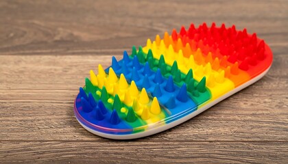 Vibrant Rainbow Spiky Sensory Toy on Wooden Background.
