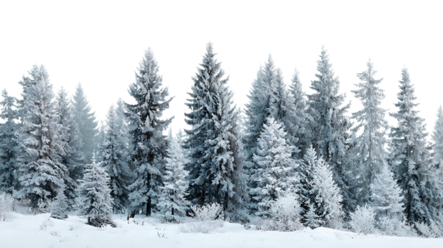 Snow covered pine trees in a forest during winter isolated on transparent background
