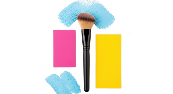 A makeup brush with blue paint strokes and pink and yellow rectangles on a transparent background