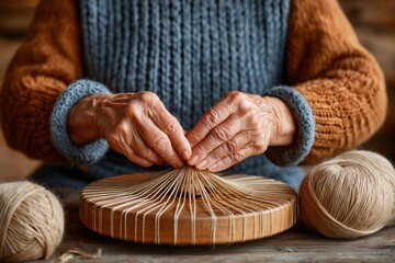 Elderly woman weaving on a circular loom, creating traditional crafts
