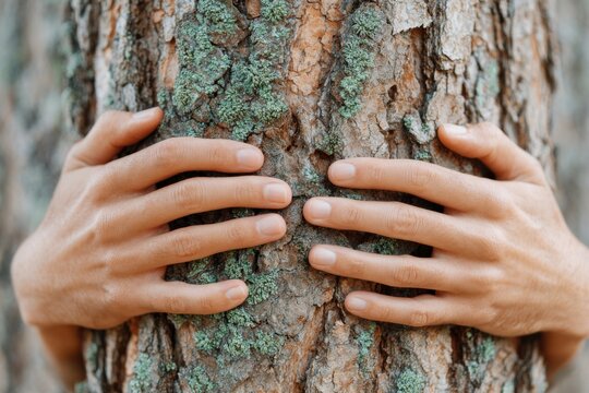 Woman hugging a tree with hands pressed against trunk in a forest