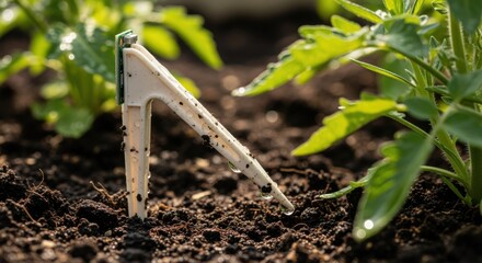 Closeup medium shot of a capacitance soil moisture sensor detecting water content helping optimize watering schedules in garden settings.