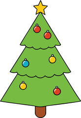 Vector illustration of a green christmas tree decorated with colorful baubles and star