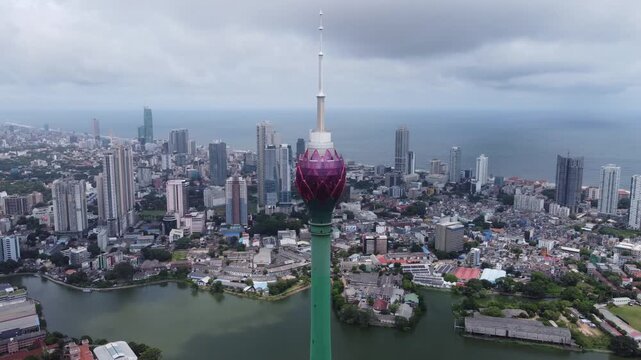 Aerial view of the main attraction, the Lotus Tower in the capital of Sri Lanka, Colombo. 
