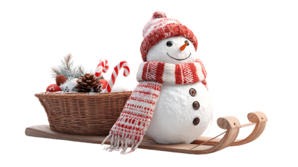 Snowman on a sled with christmas decorations isolated on transparent background
