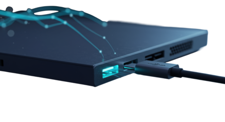 Sleek device, glowing USB-C port with connected cable on surface, cool hues, light trails, blurred digital background, concept of rapid digital connectivity