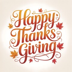 Happy thanksgiving decorative lettering with autumn leaves and a warm gradient of orange and yellow colors on a white background