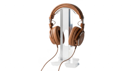 Stylish brown overear headphones displayed on a clear acrylic stand, isolated on a clean transparent background