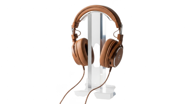Stylish brown overear headphones displayed on a clear acrylic stand, isolated on a clean transparent background