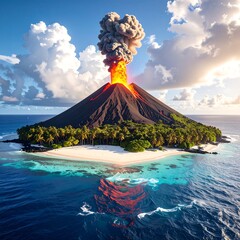 A vibrant volcanic island erupts dramatically, showcasing a stunning contrast between fiery lava and tranquil shores.