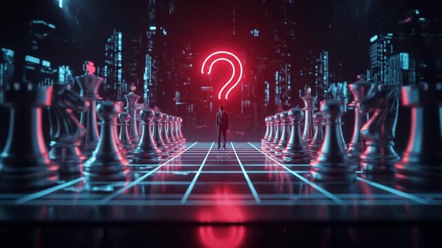 A lone figure stands in a futuristic cityscape chessboard, contemplating a glowing question mark above