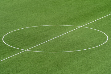 Soccer field center circle on green grass from above