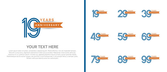 logo anniversary set. blue color with orange ribbon on white background for special event