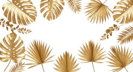 Overhead, flat lay of diverse metallic gold dried palm leaves on a pristine bright white background with ample copy space, arranged elegantly for luxury branding concept