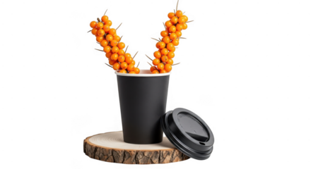A black paper cup filled with sea buckthorn berries sits on a wooden slice, isolated on transparent background