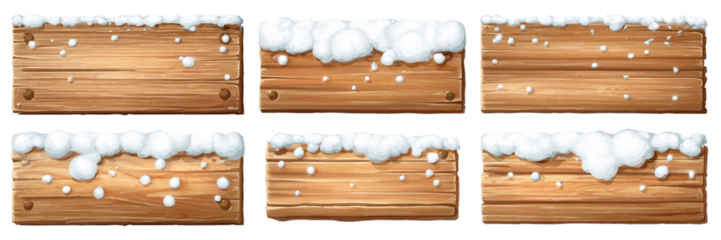Six wooden signs with snow and snowflakes isolated on transparent background