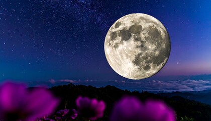 Fototapeta premium Night landscape with moon and flowers