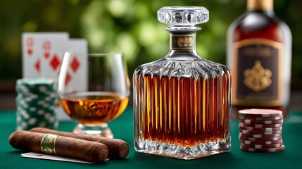 Enjoying whiskey, cigars, and a poker game on a green felt table