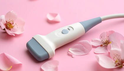 A modern ultrasound probe rests gently amongst delicate pink blossoms on a pastel pink background.