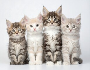 Four adorable Maine Coon kittens, various color combinations, sit in a row against a plain background, showcasing their fluffy coats and alert expressions.