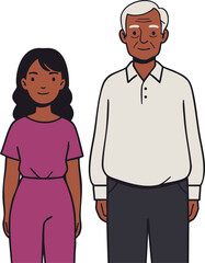 Fototapeta premium Elderly man and young woman standing together simple vector illustration with white grey and purple colors 