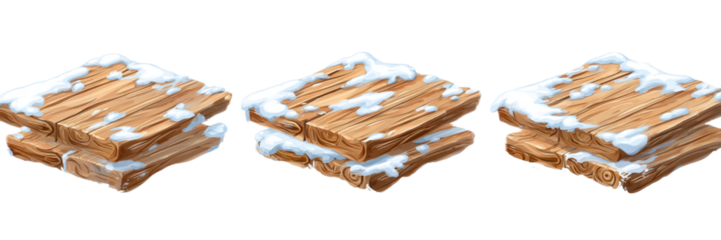 Stack of wooden planks with snow isolated on transparent background