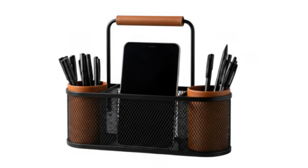 A black metal desk organizer with a leather handle holds a smartphone and various pens and pencils, isolated on transparent background