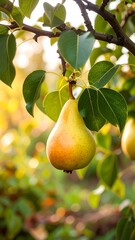 A ripe pear hangs from a branch, bathed in golden sunlight, showcasing the vibrant autumnal colors of the orchard.