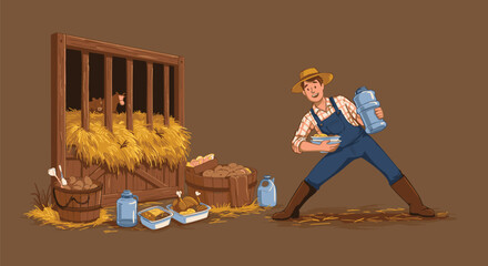 Cheerful farmer diligently tending to his beloved farm animals, providing fresh hay and feed in a rustic stable setting, embodying the spirit of agricultural life and animal care © Yaqeen