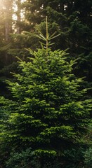 Obraz premium Lush green pine tree in sunlit forest clearing