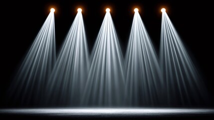 Five spotlights illuminating dark stage with bright beams of light