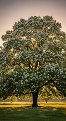 Naklejka premium Majestic blooming tree in sunlit meadow at sunset