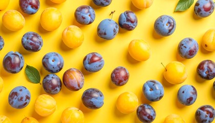 Vibrant yellow and purple plums arranged artfully on a bright yellow surface, showcasing a fresh and appetizing display.