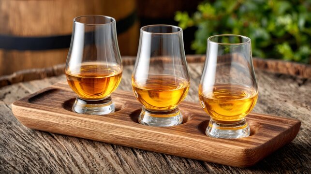 Tasting set of scotch whisky showing different stages of aging process