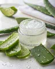 Captivating aloe vera gel in a glass jar on freshly sliced aloe vera leaves glistening droplets create a refreshing natural display