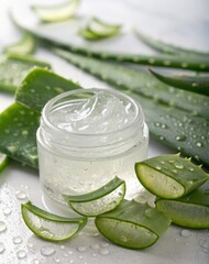 Captivating glimpse of aloe vera gel in a glass jar surrounded by freshly sliced leaves natural light setting aesthetic viewpoint