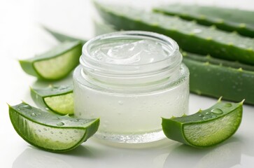 Glistening light reflects on aloe vera gel in glass jar surrounded by freshly sliced aloe vera leaves in natural setting