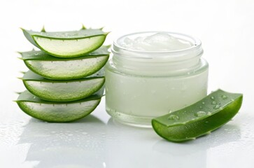 Aloe vera gel illuminated in a glass jar on freshly sliced aloe vera leaves natural setting captivating view of healing properties
