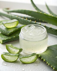Glistening aloe vera gel in glass jar on freshly sliced aloe vera leaves natural beauty home spa bright light refreshing essence